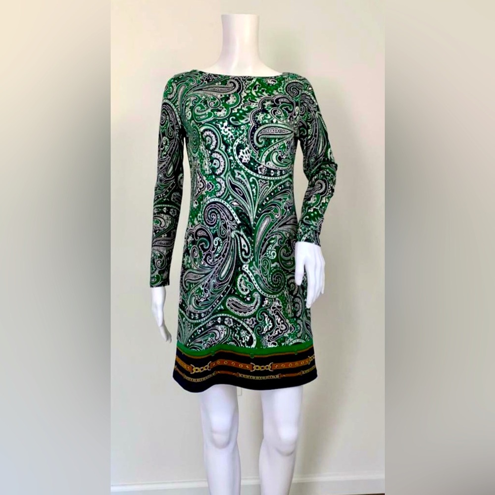 MICHAEL KORS Navy Green White Poly Blend Paisley Matt Jersey Shirt Dress